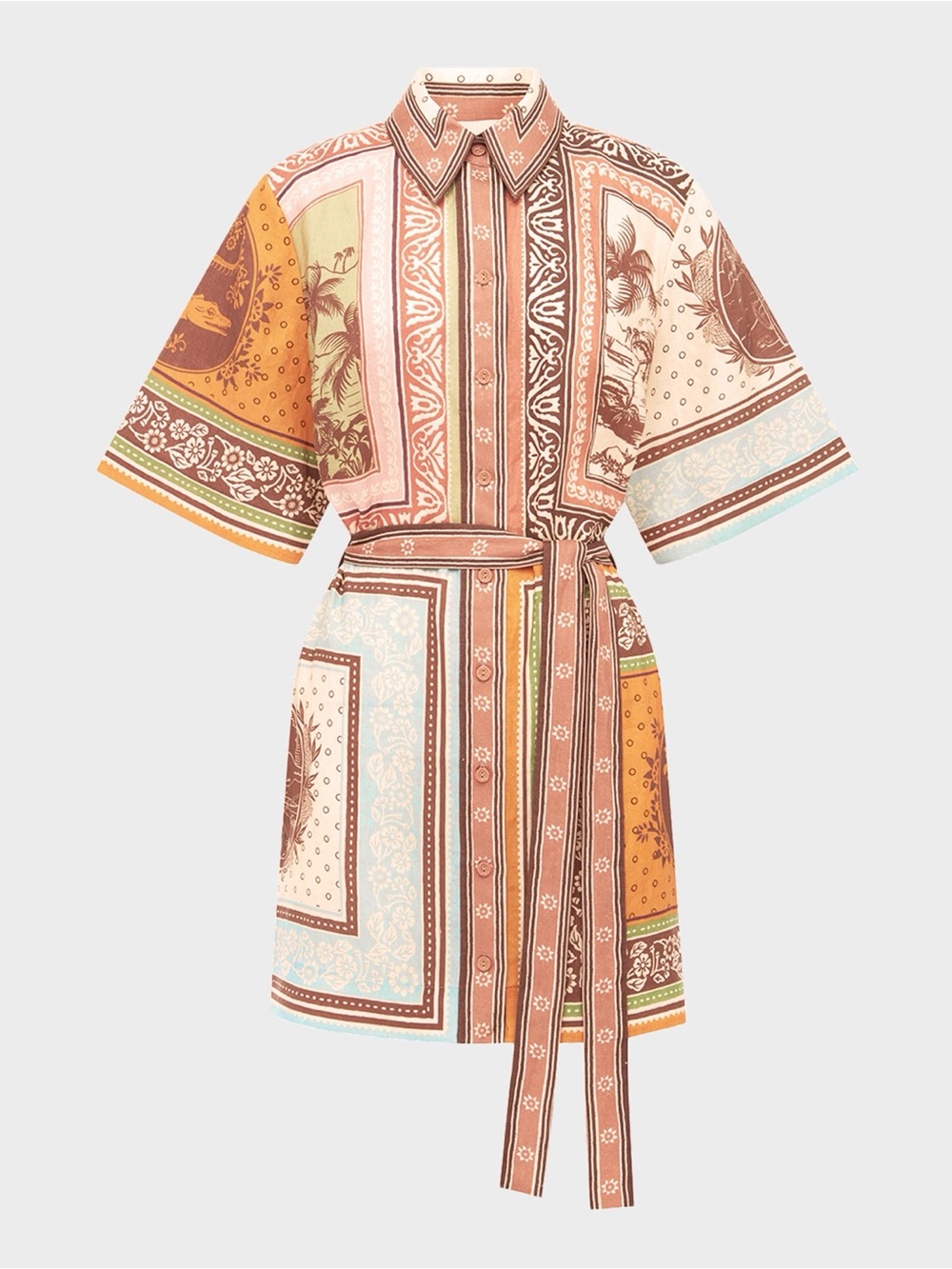 Alemais Alberta Printed Shirt Dress — Rust, Teal & Cream